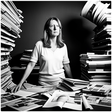 n a story about hidden printing expenses a woman looking stressed in front of a stack of magazines.