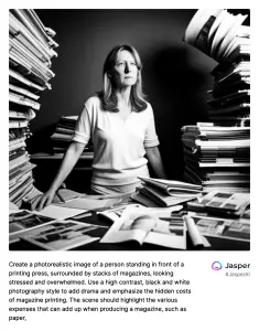 In a story about hidden printing expenses a woman looking stressed in front of a stack of magazines.